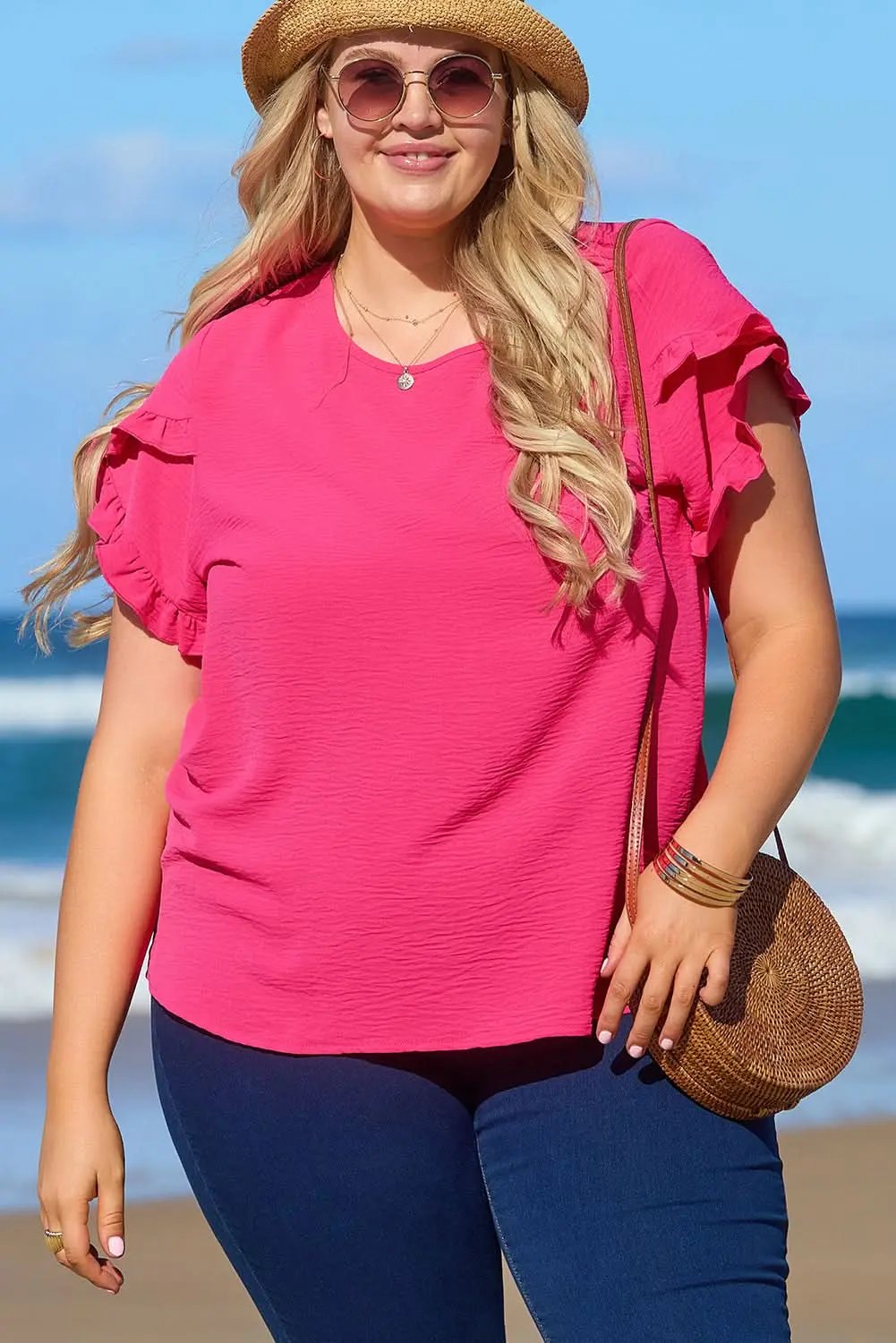 Bright Pink Ruffled Short Sleeve Plus Size Top - Love Salve